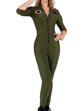 Pilot Halloween Costume Olive Green Women's Zip-Front Jumpsuit